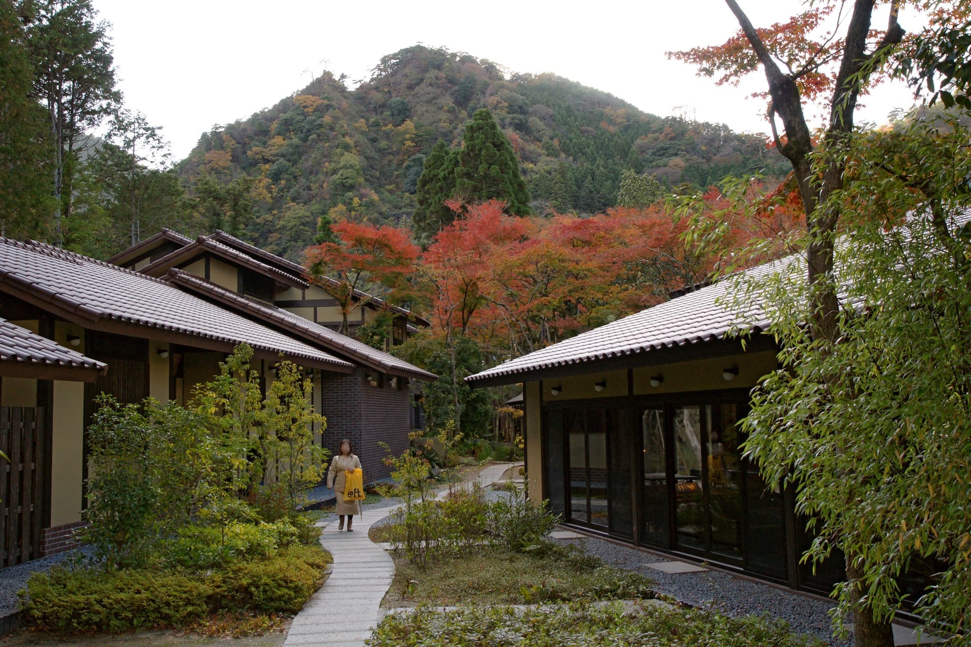 Traditional tiled-roof buildings and autumn maples below a wooded mountain at Arima Onsen, Japan