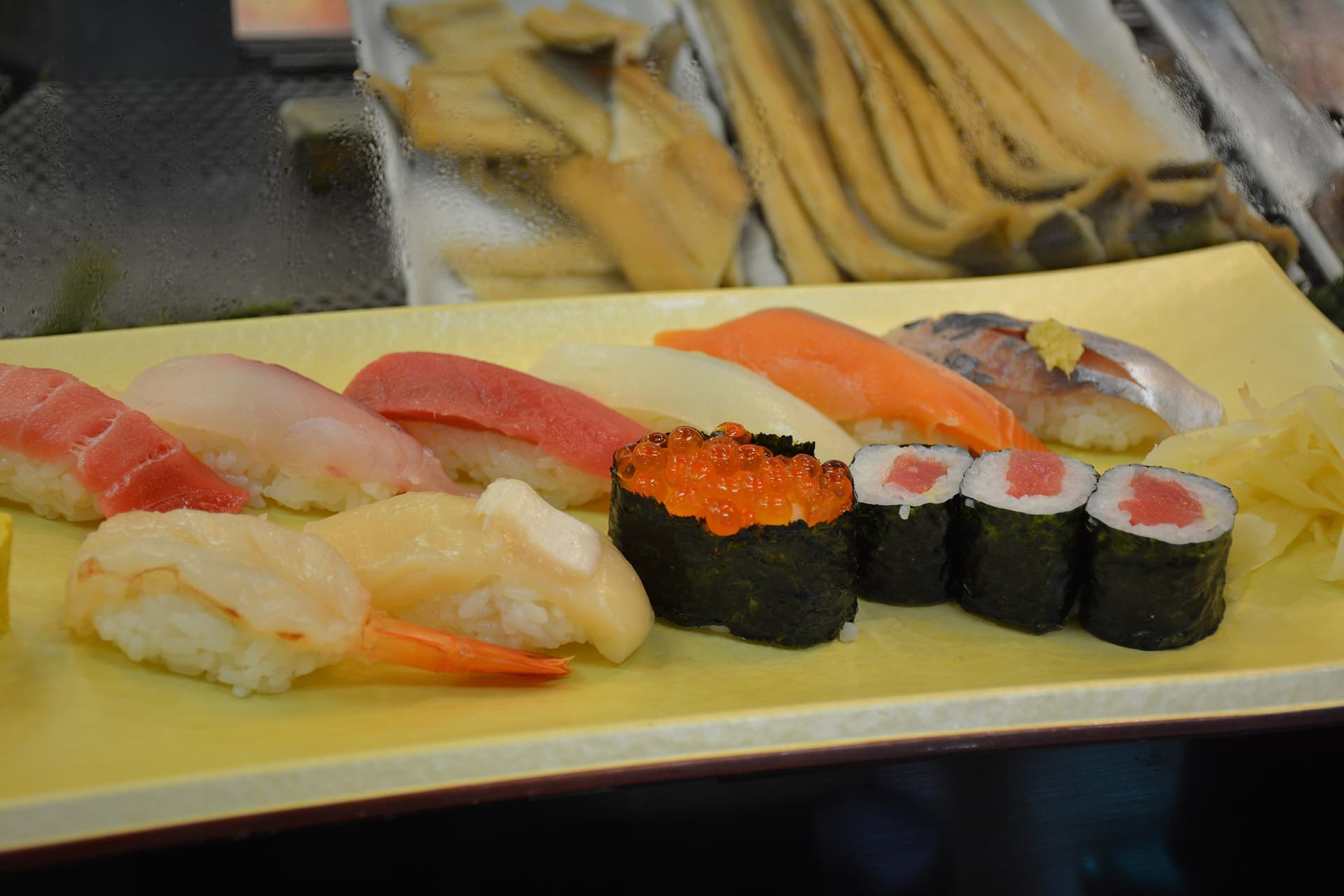Sushi laid out at a counter in Tsukiji Outer Market, Tokyo