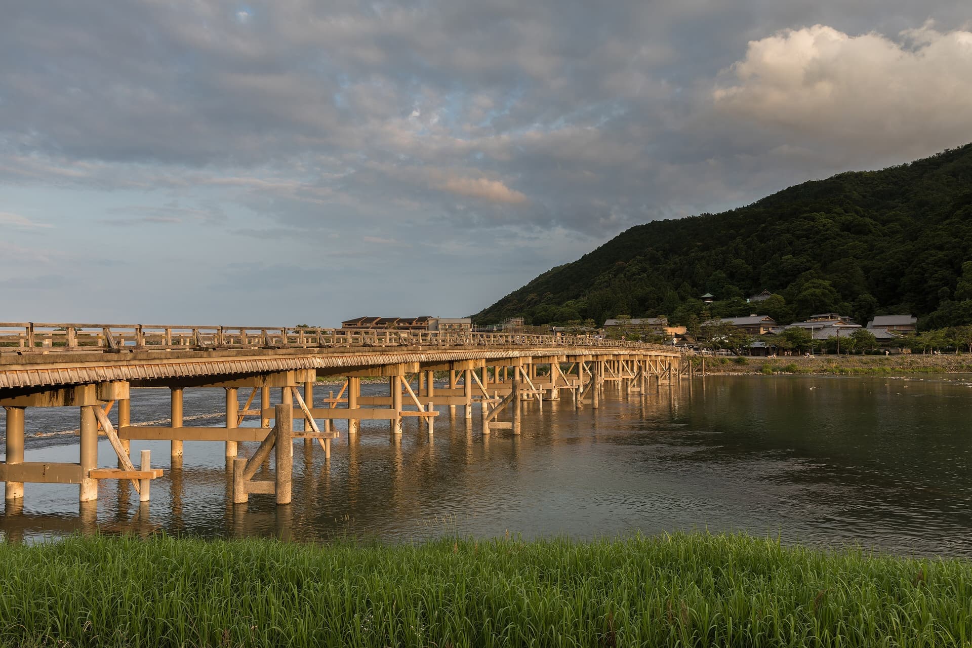 Togetsukyo bridge crossing the river at Arashiyama, Kyoto, in golden light